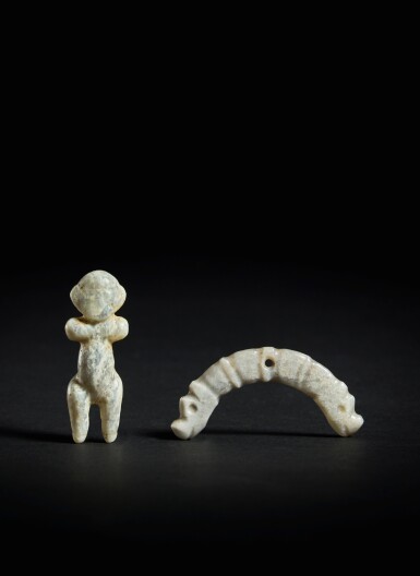 View full screen - View 1 of Lot 215. Two small whitish-grey jade pendants, Neolithic period, Hongshan culture.