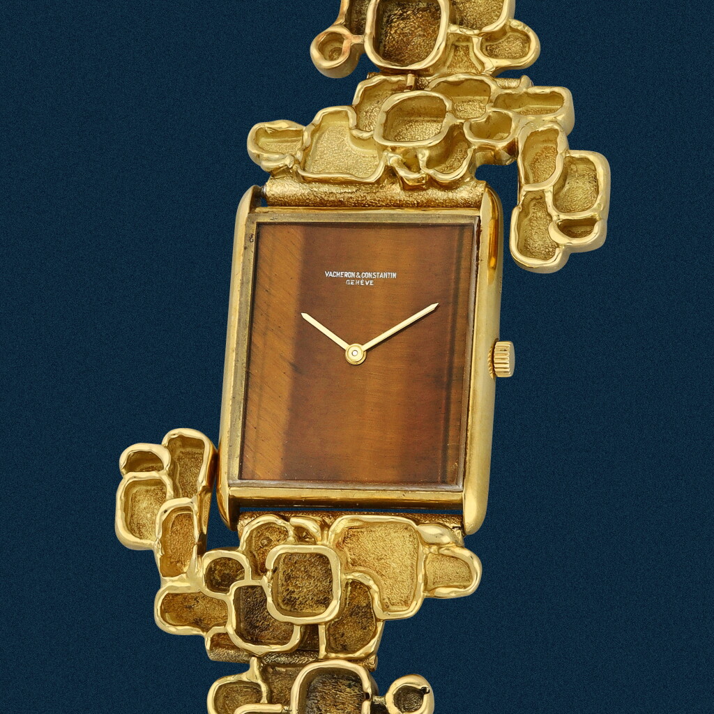 View full screen - View 1 of Lot 4. A yellow gold wristwatch with tiger's eye dial and Charles de Temple bracelet | Circa 1965.