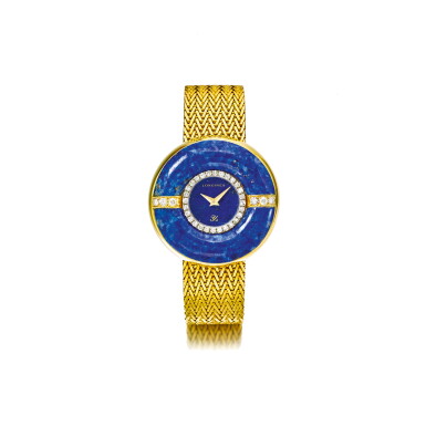 View full screen - View 1 of Lot 939. LONGINES | RETAILED BY YVES SAINT BLAISE: A YELLOW GOLD LAPIS LAZULI AND DIAMOND-SET BRACELET WATCH CIRCA 1970 | 浪琴 | 零售商為YVES SAINT BLAISE:黃金鑲青金石及鑽石鍊帶腕錶,年份約1970.