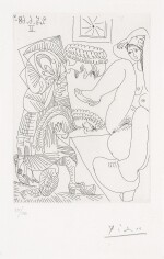 Jeune femme montrant son sexe à deux courtisans grotesques prosternés, from the 347 series (Bloch 1664; Baer 1680)