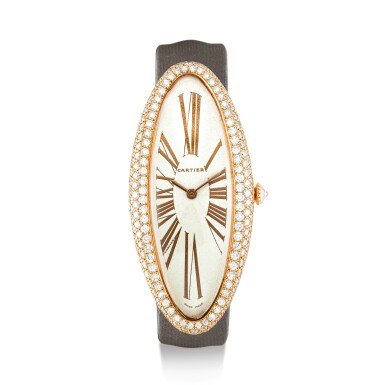 View full screen - View 1 of Lot 2239. CARTIER | BAIGNOIRE ALLONGÉE, REFERENCE 2486 A PINK GOLD AND DIAMOND-SET WRISTWATCH, CIRCA 1998 " | 卡地亞 | Baignoire Allongée 型號2486 粉紅金鑲鑽石腕錶,錶殼編號10202PX,約1998年製".