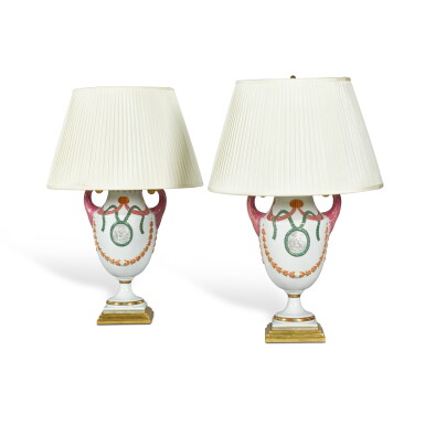 View full screen - View 1 of Lot 114. A pair of Continental porcelain vases now mounted as lamps, late 19th/20th century.
