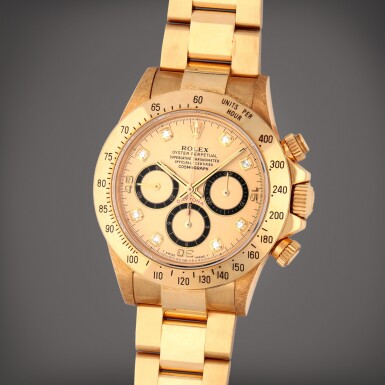 View full screen - View 1 of Lot 5. Daytona ' Inverted 6 Zenith', Reference 16528 | A yellow gold and diamond-set chronograph wristwatch with bracelet | Circa 1991.