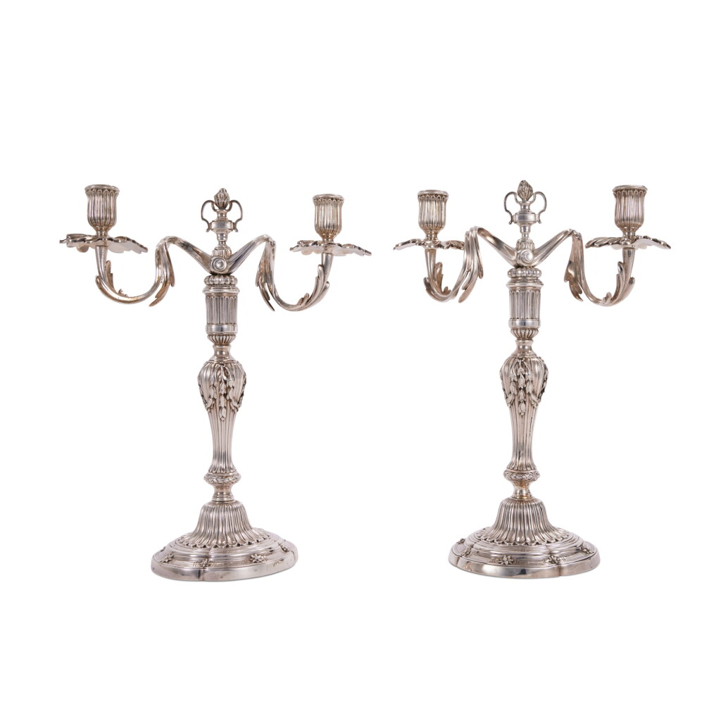 View full screen - View 1 of Lot 125. A Pair Of Spanish Silver Two-Light Candelabra, Antonio Dias, Cadiz, 1780.