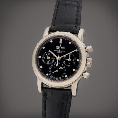 View full screen - View 1 of Lot 222. Reference 3970E 'Third Series' | A white gold and diamond-set perpetual calendar chronograph wristwatch with moon phases, 24 hours, and leap year indication, Circa 1995.