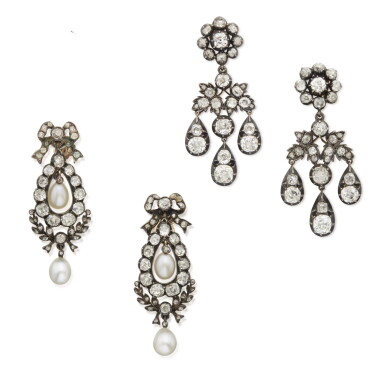 View full screen - View 1 of Lot 420. TWO PAIRS OF SILVER-TOPPED GOLD AND DIAMOND PENDANT-EARRINGS.