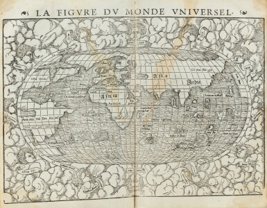 View full screen - View 1 of Lot 48. La Cosmographie universelle. 1565. Reliure du XVIIe. Nouvelle éd. abondamment illustrée..