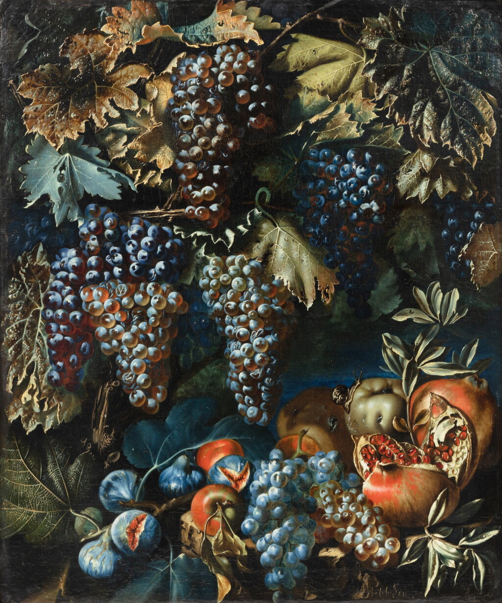 View full screen - View 1 of Lot 8. Still life with Grapes, figs and pomegranate | Nature morte aux grappes de raisins, figues et grenade.