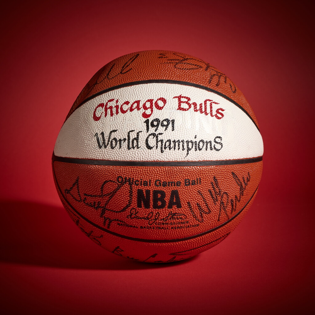 View full screen - View 1 of Lot 8. 1991 Chicago Bulls 'World Champions' Basketball | Signed by Michael Jordan, Scottie Pippen, and Others.