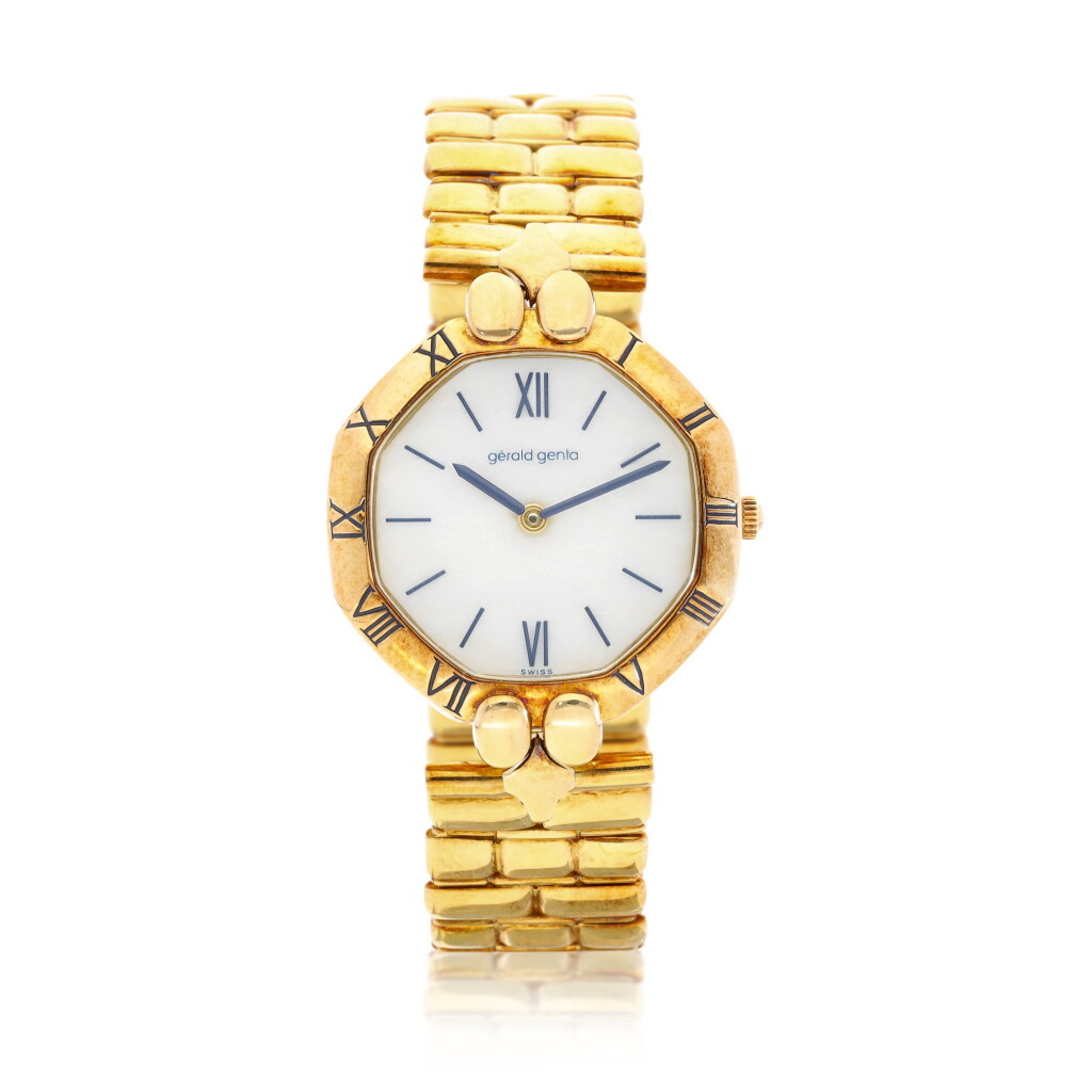 View full screen - View 1 of Lot 9326. Gerald Genta | Reference G 31837, A yellow gold wristwatch with agate dial and bracelet, Circa 2008 | 型號G 31837 黃金鏈帶腕錶,備瑪瑙錶盤,約2008年製.