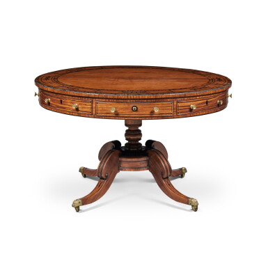 View full screen - View 1 of Lot 104. A Regency Satinwood, Calamander and Ebony-Inlaid Drum Table, Circa 1815.