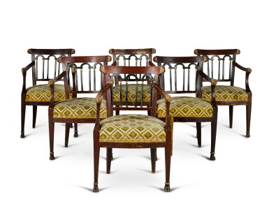 View full screen - View 1 of Lot 10. A set of six North Italian parcel-gilt and painted armchairs, early 19th century.