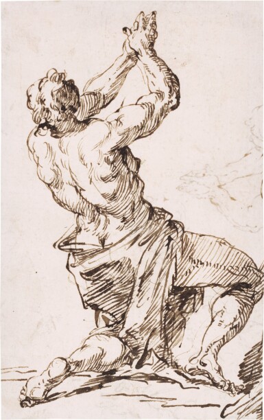 View full screen - View 1 of Lot 27. Recto: Study of a man kneeling, looking upwards, his hands joined in prayer Verso: Various subsidiary studies for the same figure.