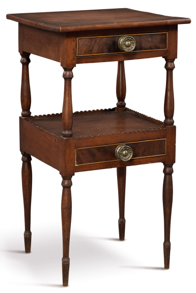 View full screen - View 1 of Lot 1077. VERY FINE FEDERAL FIGURED CHERRYWOOD AND MAHOGANY WORK TABLE, NEW HAMPSHIRE, CIRCA 1800.