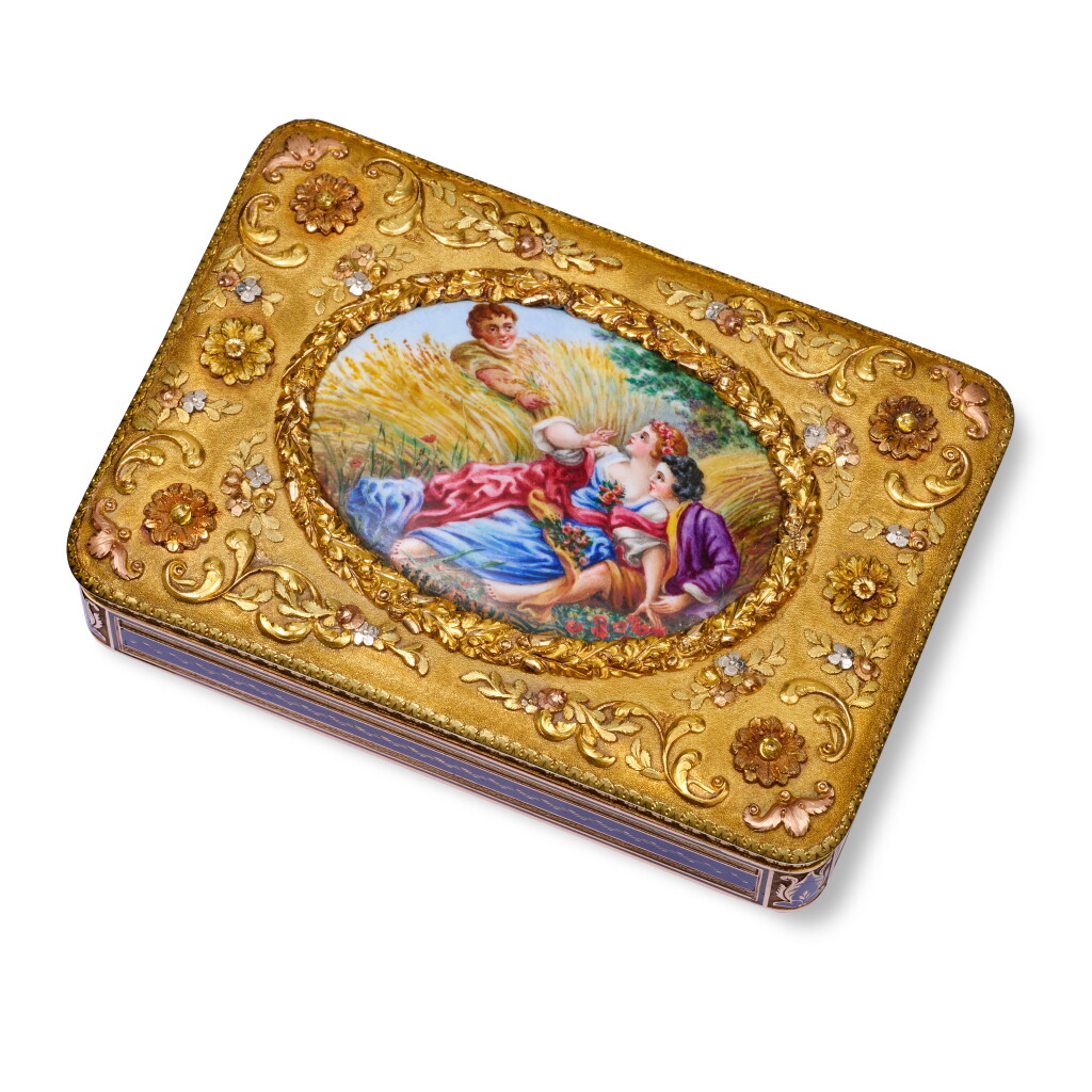 View full screen - View 1 of Lot 1088. A four-coloured gold and enamel presentation snuff box, Souchay & Colin, Hanau, circa 1810 and later.