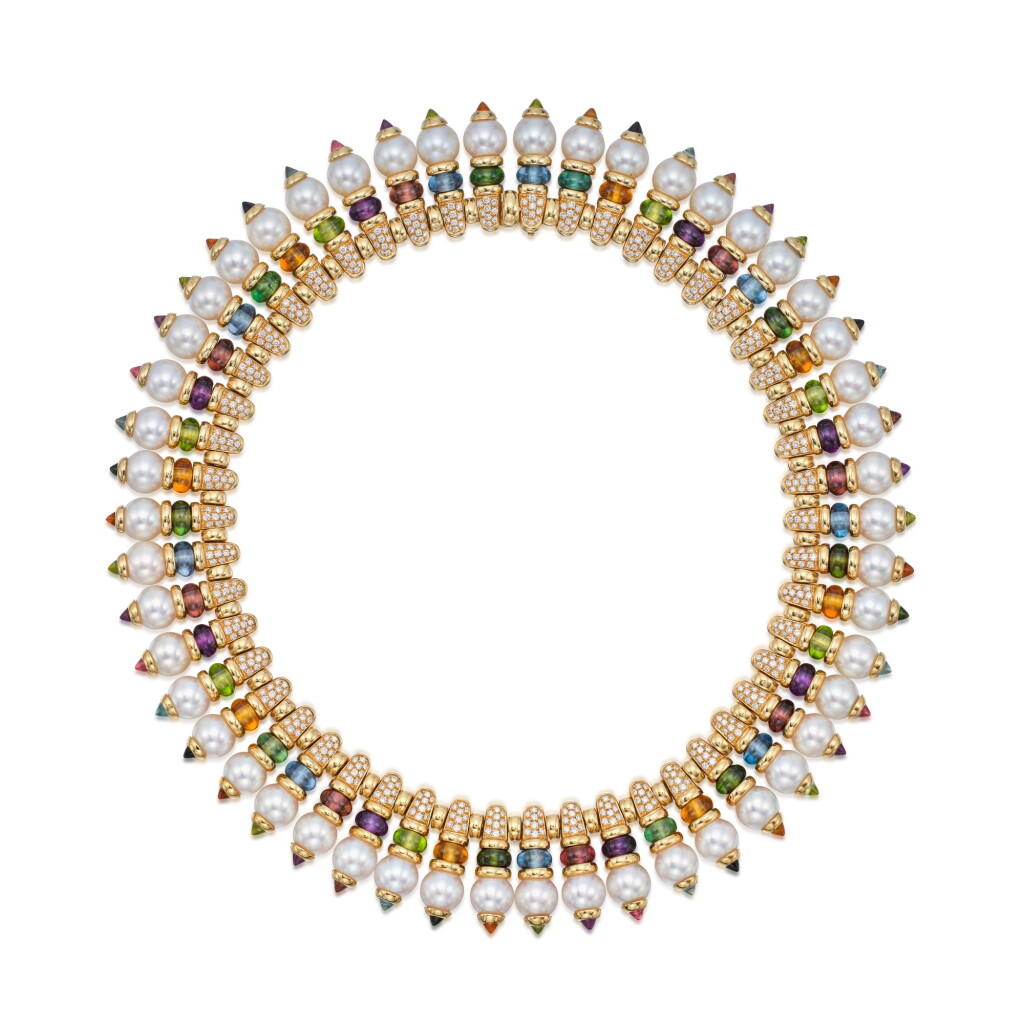 View full screen - View 1 of Lot 76. Gold, Cultured Pearl, Diamond and Gem-Set 'Celtaura' Necklace.