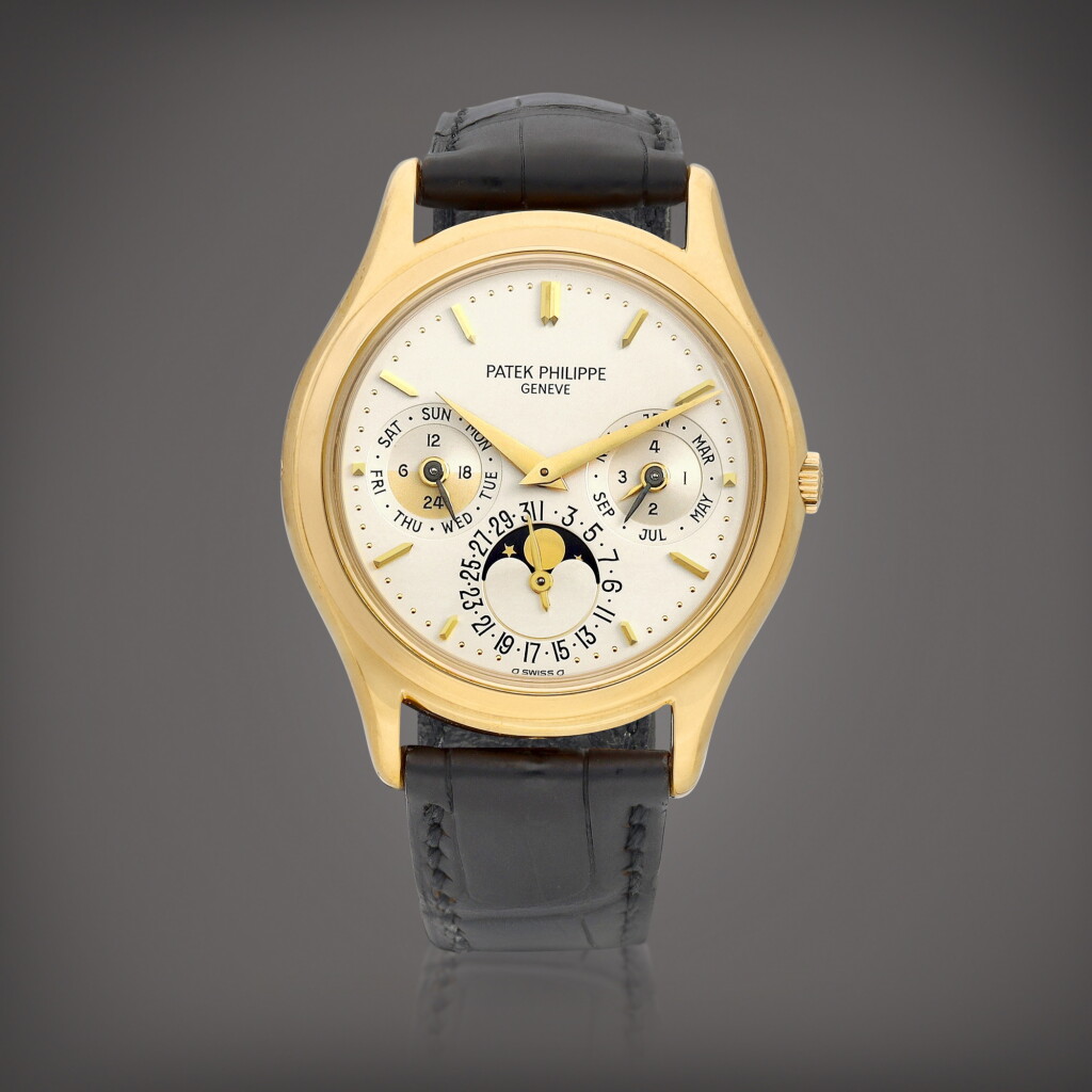 View full screen - View 1 of Lot 2214. Reference 3940 A yellow gold perpetual calendar wristwatch with moon phases, 24 hours and leap year indication, Circa 1988 | 百達翡麗 | 型號3940 黃金萬年曆腕錶,備月相、24小時及閏年顯示,約1988年製.