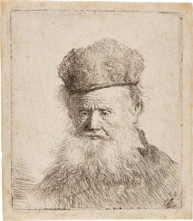 View full screen - View 1 of Lot 40. Bust of an Old Man with a Fur Cap and Flowing Beard, Nearly Full Face (B., Holl. 312; New Holl. 82; H. 49).