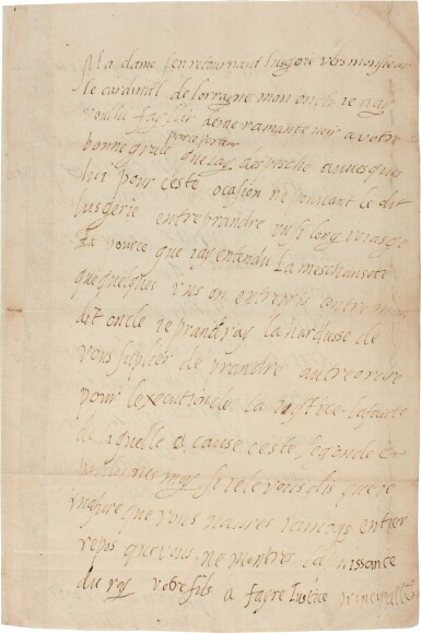 View full screen - View 1 of Lot 93. Mary, Queen of Scots | Autograph letter signed, to Catherine de Medici, pleading pardon for the Cardinal of Lorraine.