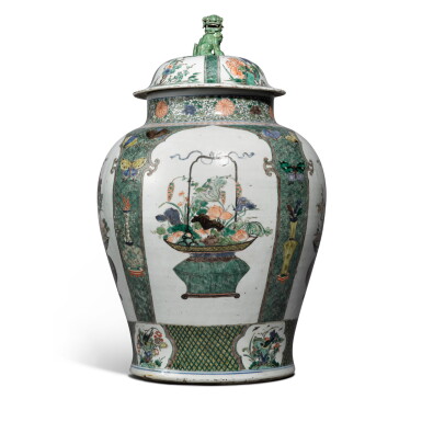 View full screen - View 1 of Lot 232. A Large Chinese Famille-Verte 'Flower Baskets' Jar and Cover Qing Dynasty, Kangxi Period | 清康熙 五彩開光花籃紋大蓋罐.