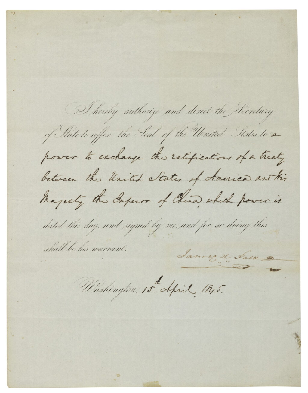 Voir en plein écran - Voir 1 du lot 79. POLK, JAMES K. | Partially engraved document signed ("James K. Polk") as 11th President, being an order to Secretary of State James Buchanan to affix the Seal of the United States.