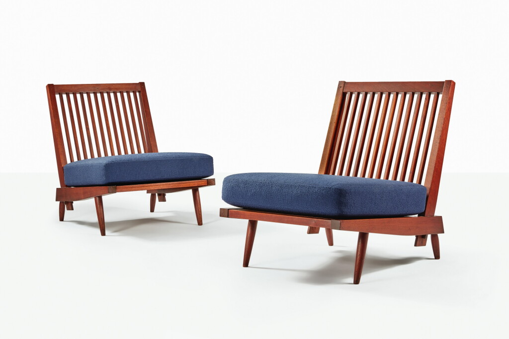 View full screen - View 1 of Lot 101. GEORGE NAKASHIMA | PAIR OF "CONOID CUSHION" CHAIRS.