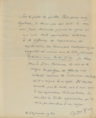 View full screen - View 1 of Lot 66. Procuration autographe signée, 30 janvier 1950. Pouvoir donné à Jean Amrouche concernant leurs entretiens radiophoniques..