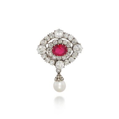 View full screen - View 1 of Lot 10. Natural pearl, ruby and diamond brooch, late 19th century and later.