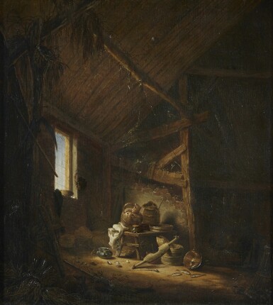View full screen - View 1 of Lot 276. HERMAN SAFTLEVEN | A BARN INTERIOR WITH LIGHT STREAMING THROUGH A WINDOW.