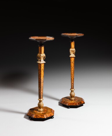View full screen - View 1 of Lot 145. A pair of Louis XIV holly and pearwood marquetry, giltwood and walnut burr marquetry sellettes, Dauphiné, circa 1700, in the manner of Hache workshop.