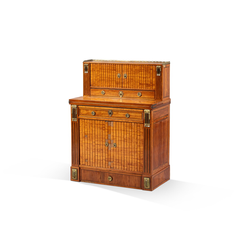 View full screen - View 1 of Lot 178. A Louis XVI gilt-bronze mounted tulipwood and amaranth bureau à gradin formant prie-Dieu, circa 1785, stamped by Jean Chrysostome Stumpff | Bureau à gradin formant prie-Dieu en placage de bois de rose, amarante et bronze doré d'époque Louis XVI, vers 1785, estampille de Jean Chrysostome Stumpff.