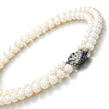 View full screen - View 1 of Lot 150. Cultured pearl, sapphire and diamond necklace.