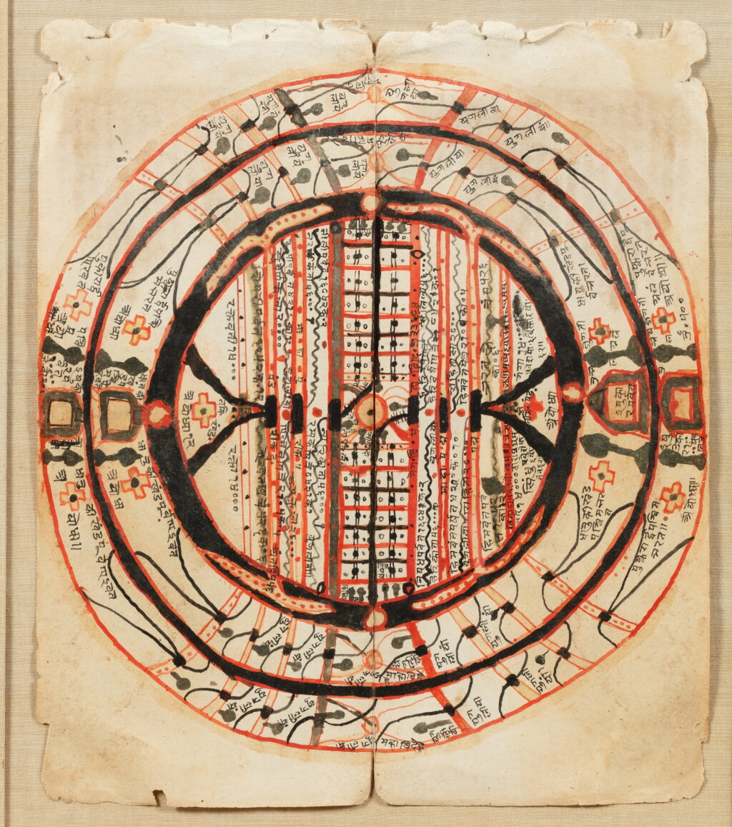 View full screen - View 1 of Lot 23. A small Jain cosmic diagram, Western India, 19th century | 西印度 十九世紀 耆那宇宙圖表 設色紙本.