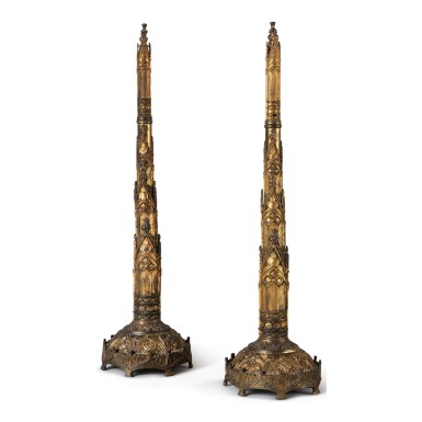 View full screen - View 1 of Lot 751. A PAIR OF EARLY VICTORIAN NEO-GOTHIC GILT BRASS CHIMNEY ORNAMENTS, BIRMINGHAM, CIRCA 1840.