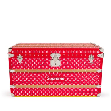View full screen - View 1 of Lot 43. Red and White Monogram Coated Canvas Malle Courrier 90 Trunk Silver Hardware, 2017.