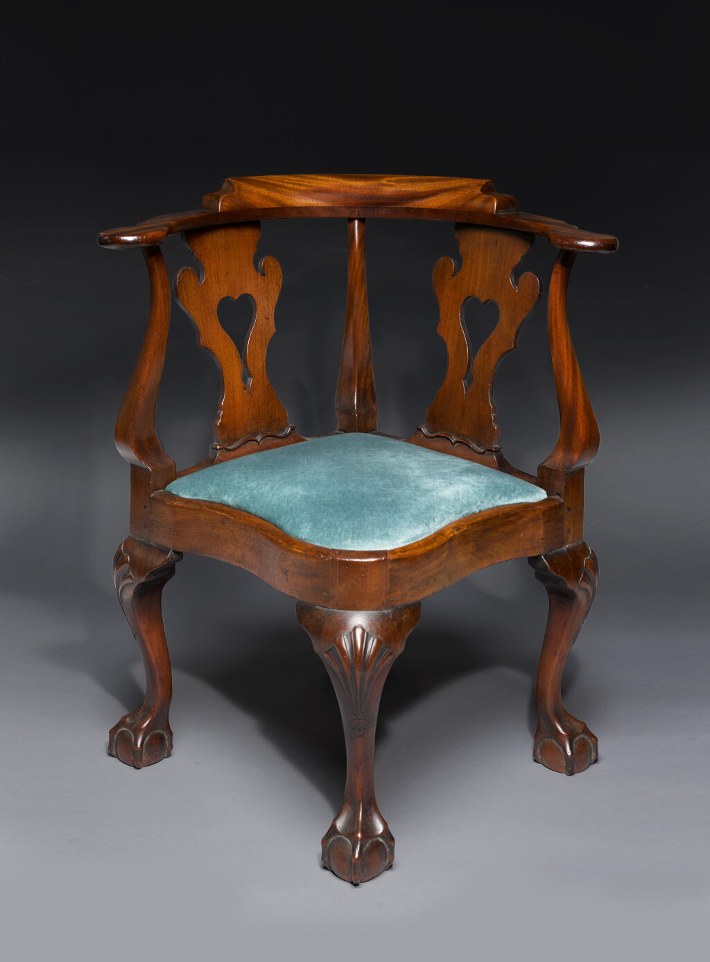 View full screen - View 1 of Lot 856. Very Fine and Rare Chippendale Shell-Carved and Figured Mahogany Compass-Seat Roundabout Armchair, New York, Circa 1770.