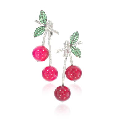 View full screen - View 1 of Lot 863. Pair of gem set and diamond earrings .