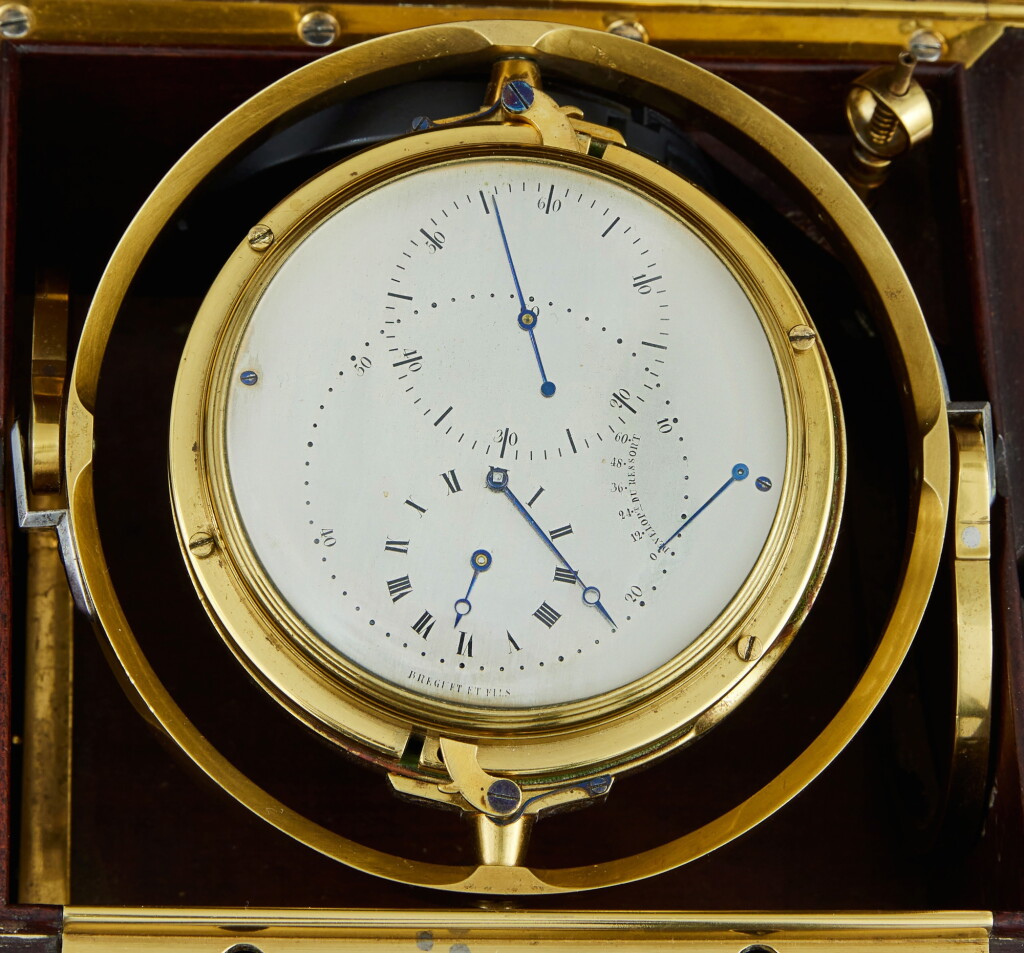 全螢幕檢視 - 查看180A rare 60-hour ‘Garde Temps’ twin-barrel boxed marine chronometer with quick train, Circa 1830的1