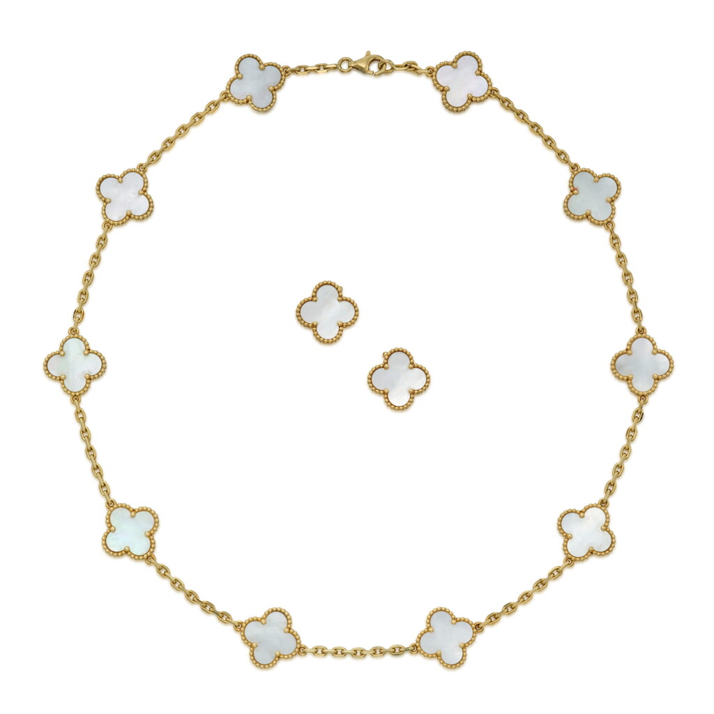 View full screen - View 1 of Lot 379. Gold and Mother-of-Pearl 'Vintage Alhambra' Necklace and Pair of Earclips, France.