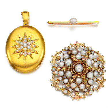 View full screen - View 1 of Lot 131. Two pearl brooches and a pendant, late 19th century.