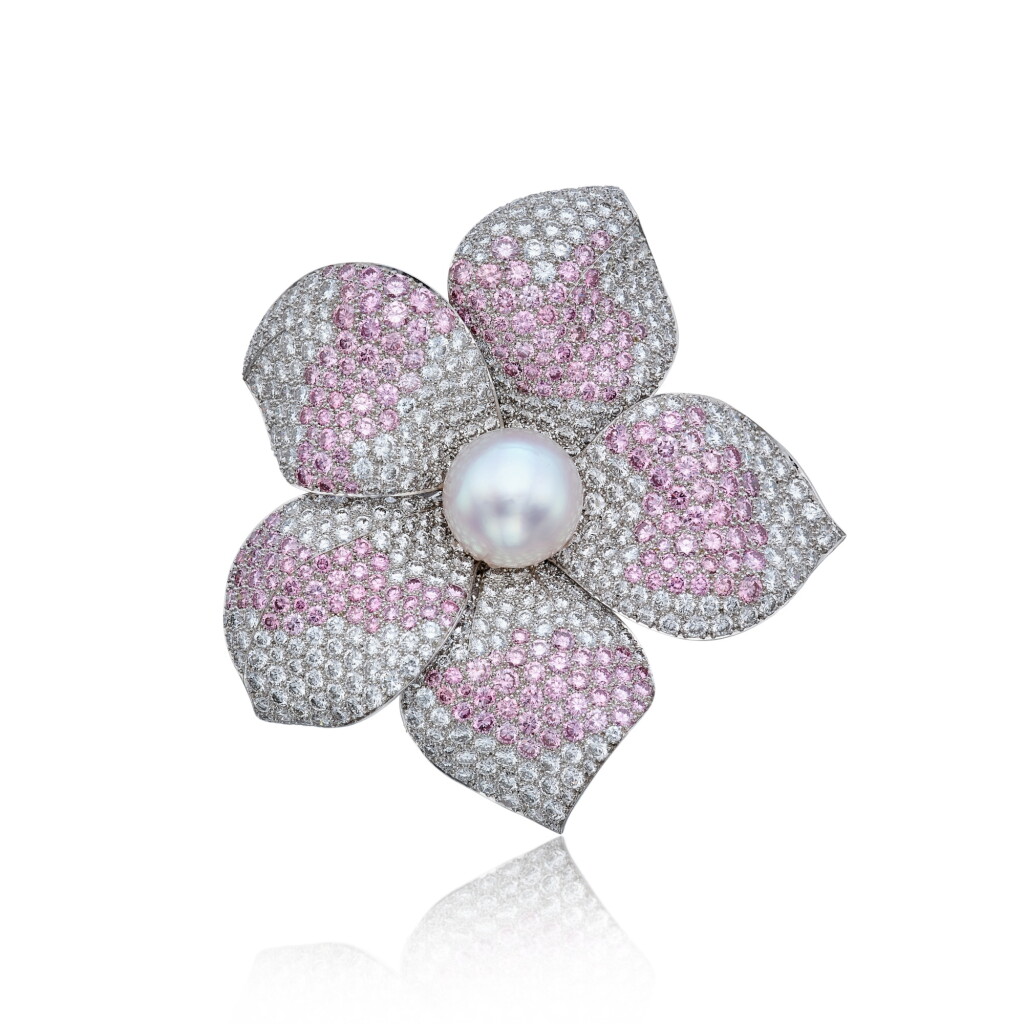 View full screen - View 1 of Lot 32. Cultured Pearl, Colored Diamond and Diamond Clip-Brooch, France.