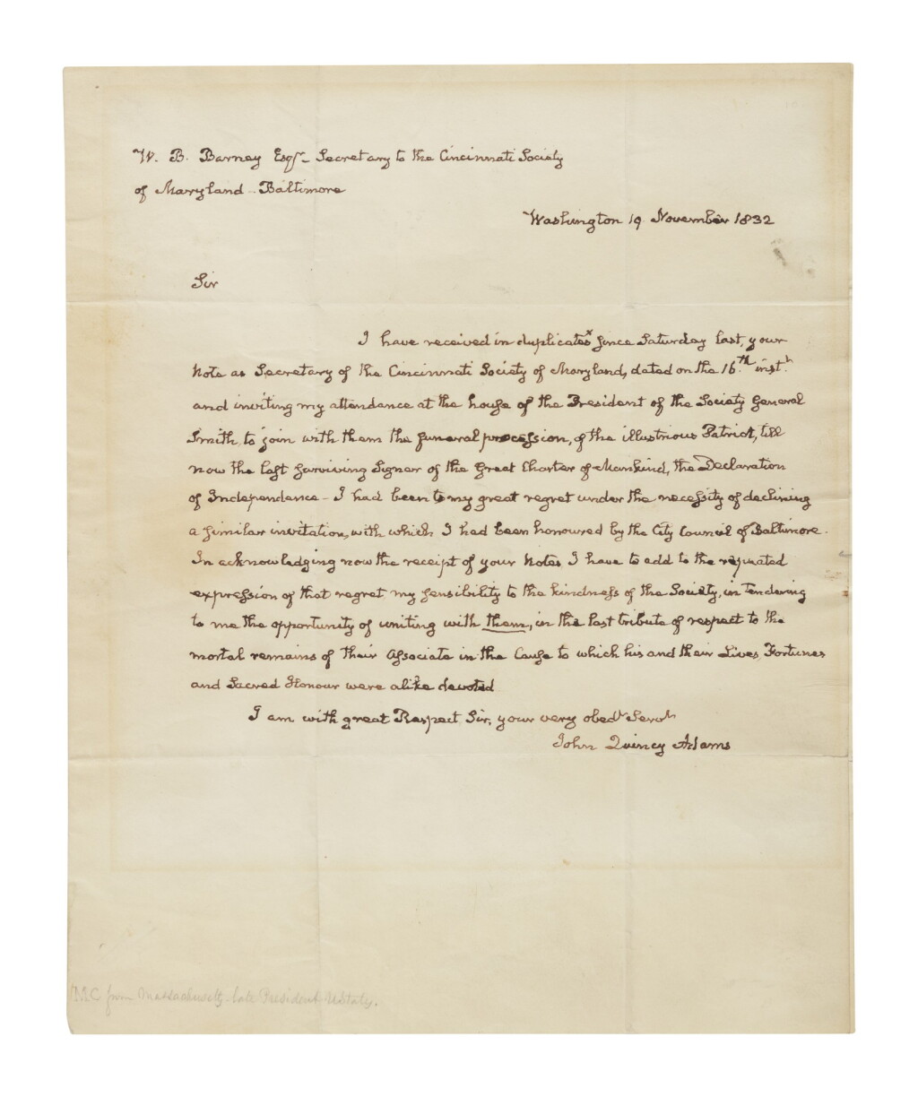 View full screen - View 1 of Lot 49. Adams, John Quincy | John Quincy Adams celebrates the "last surviving Signer of the Great Charter of Mankind, the Declaration of Independence".