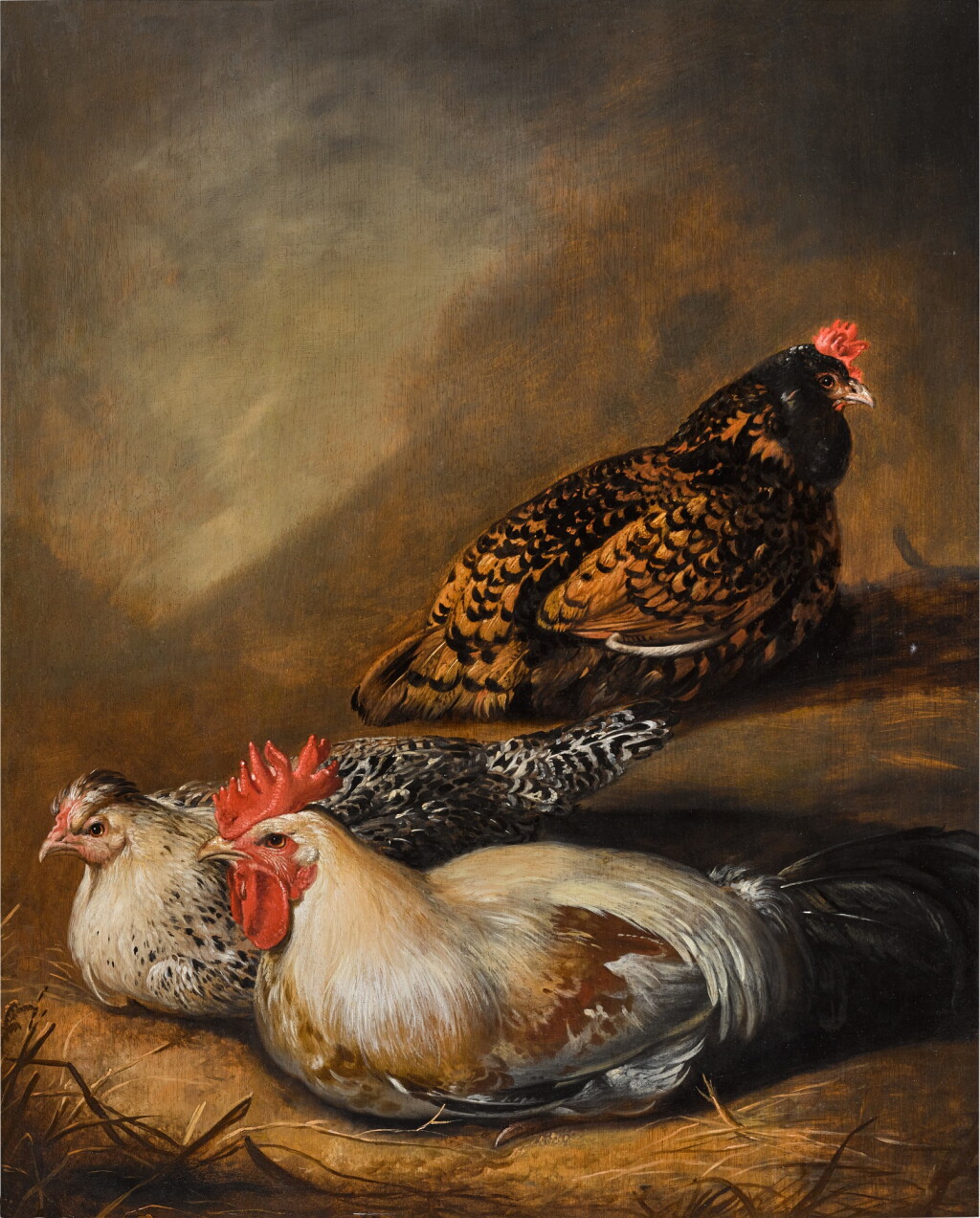 View full screen - View 1 of Lot 326. Three resting chickens .