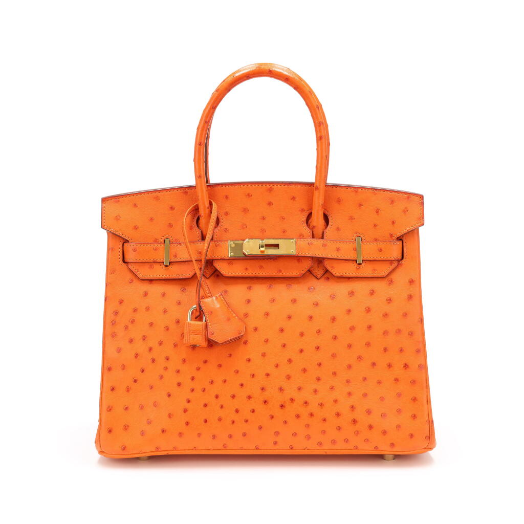 View full screen - View 1 of Lot 94. Tangerine Ostrich Birkin 30 Gold Hardware, 2007.