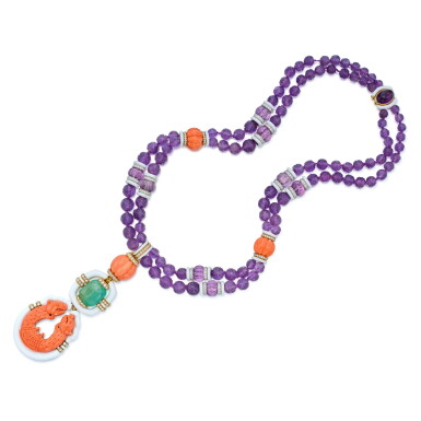 View full screen - View 1 of Lot 223. Amethyst, Coral, Emerald, Enamel and Diamond Sautoir.
