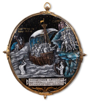 View full screen - View 1 of Lot 109. A Limoges painted enamel oval medallion depicting the Abduction of Helena, attributed to Colin Nouailher (c.1514-1571), Circa 1540.