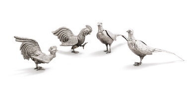 View full screen - View 1 of Lot 57. A pair of German silver pheasants and a pair of silver roosters, 20th century.
