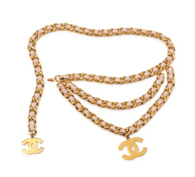 View full screen - View 1 of Lot 50. CHANEL | ICONIC LEATHER AND GOLD-TONE CHAIN BELT .