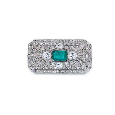 View full screen - View 1 of Lot 43. Emerald and diamond brooch .