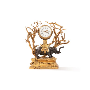 View full screen - View 1 of Lot 212. A late Louis XV-early Louis XVI patinated and gilt-bronze mantel clock "à l'éléphant", circa 1775 | Pendule à l'éléphant en bronze patiné et doré de la fin de l'époque Louis XV-début Louis XVI, vers 1775.